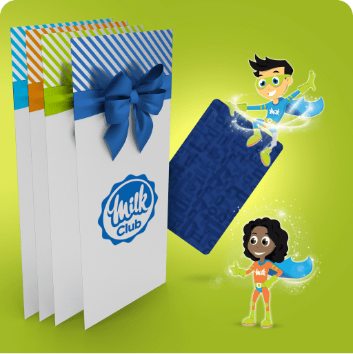 Milk club gift cards with super boy holding a card and super girl looking at gift cards