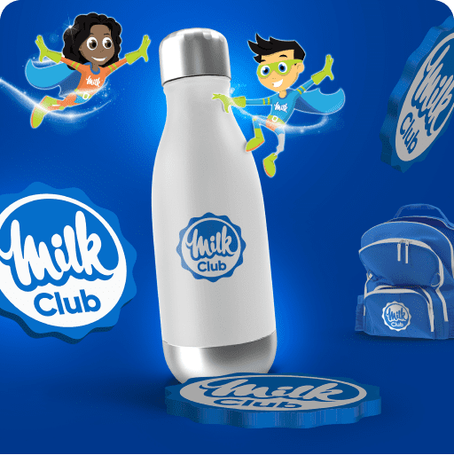 Milkclub water bottle, school bag and erasers with milk superheroes