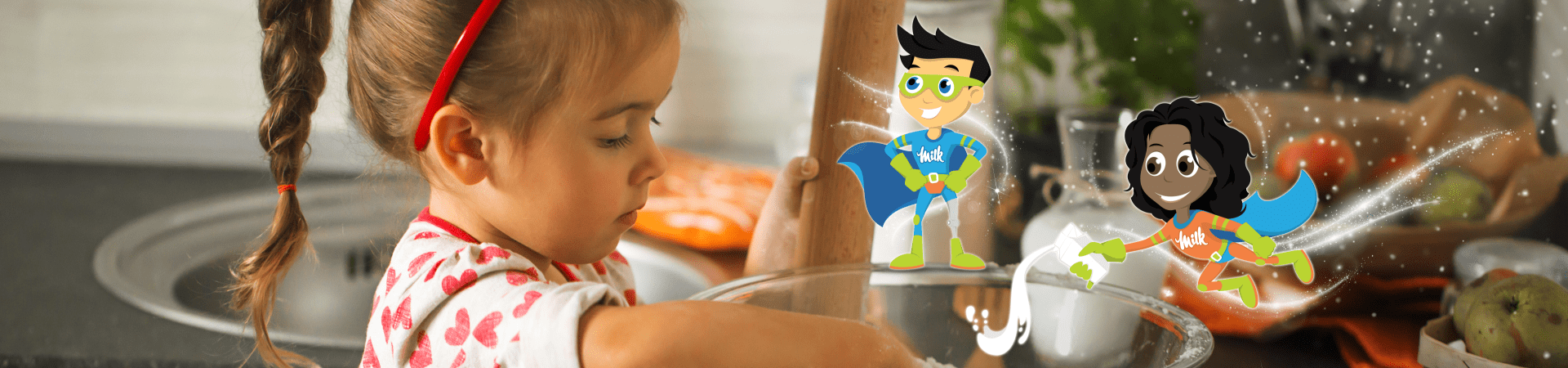Child baking and Milk Supergirl putting Milk in Mixture